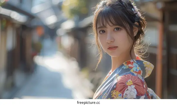 Japanese Woman in Traditional Kimono in a Japanese Alleyway