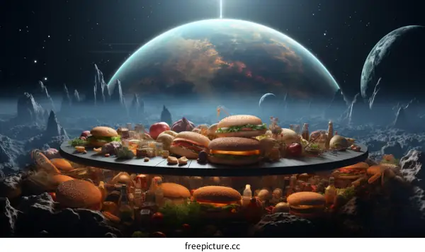A table full of burgers and other food items with the Earth in the background