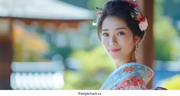 Beautiful Asian Woman in Traditional Japanese Kimono