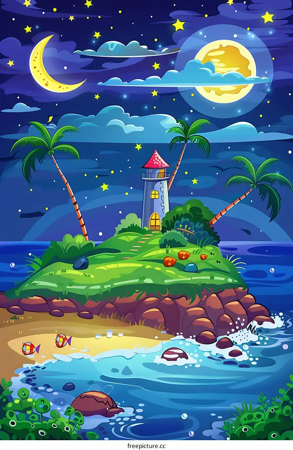 Lighthouse on an Island at Night with Palm Trees and a Full Moon