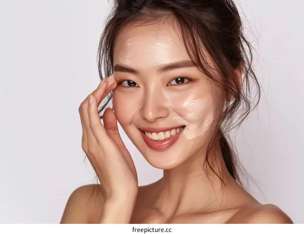 Asian woman applying facial mask and smiling at camera