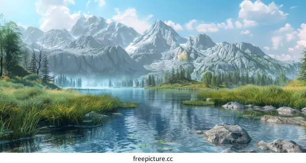 Snow-Capped Mountain and Lake with Lush Green Grass