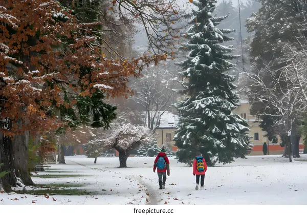 Couple Walking Through Snowy Park in Winter