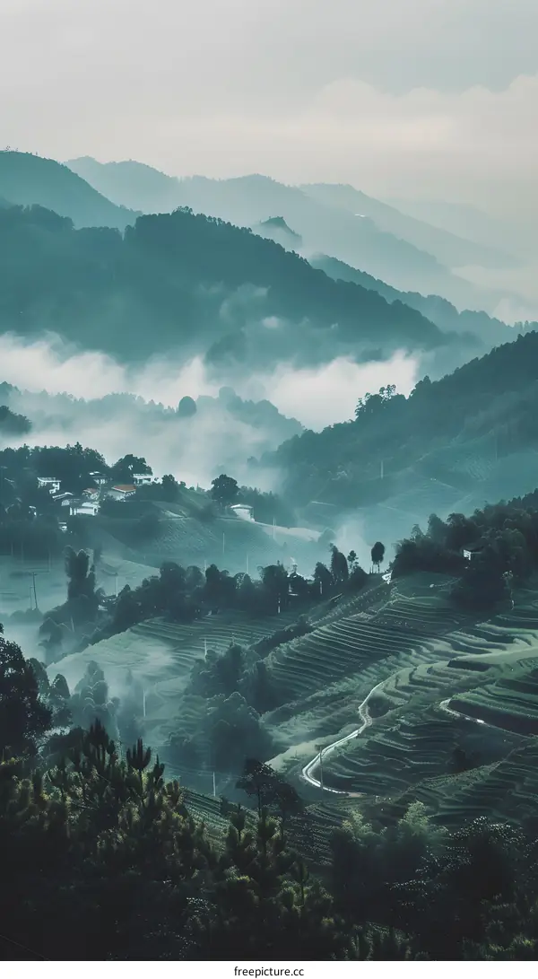 Misty Mountain Landscape With Lush Green Hills