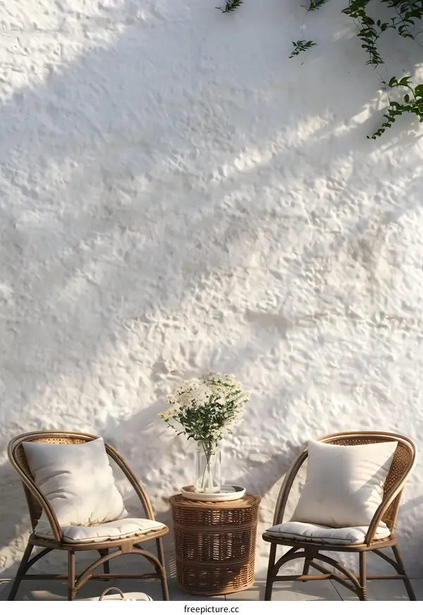 White Wall with Two Wicker Chairs and Flowers