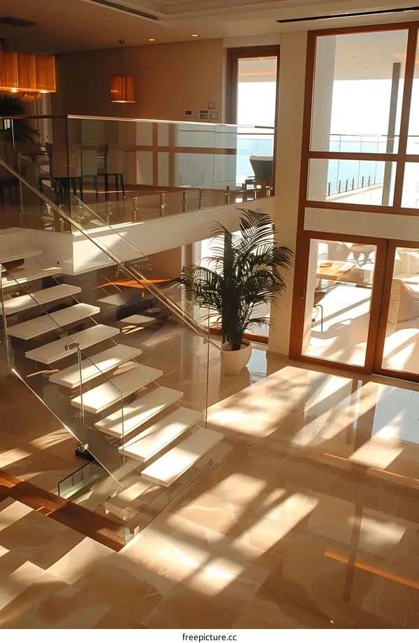 Modern Glass Staircase With Natural Light And Sea View