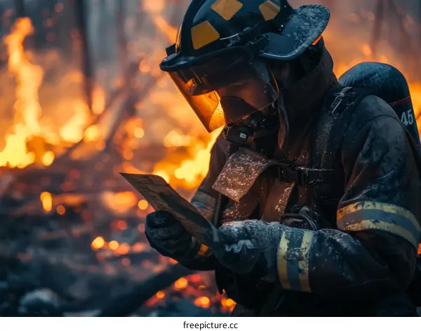 Firefighter reading map in front of burning house