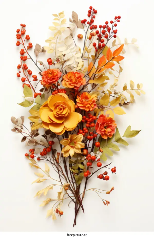 An arrangement of paper flowers and leaves in fall colors