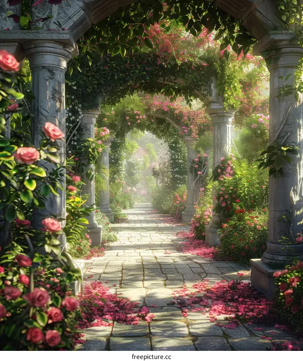 Enchanted Garden with Pink Roses and Stone Pillars
