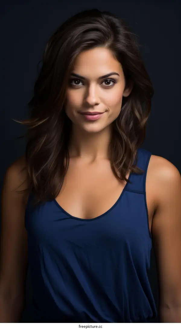 A beautiful young woman with long brown hair and brown eyes is smiling.