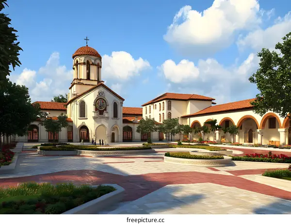Church Courtyard with Garden and Blue Sky