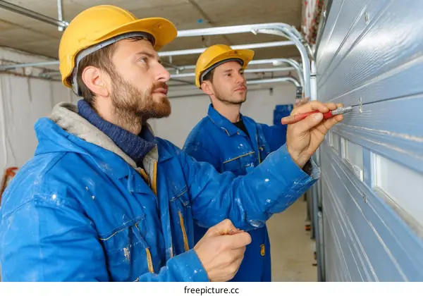 Two Caucasian Construction Workers Installing a Garage Door