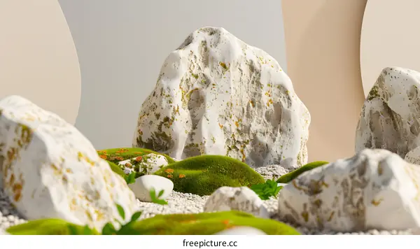 Minimalist 3D Render of Rocks and Moss with Abstract Background