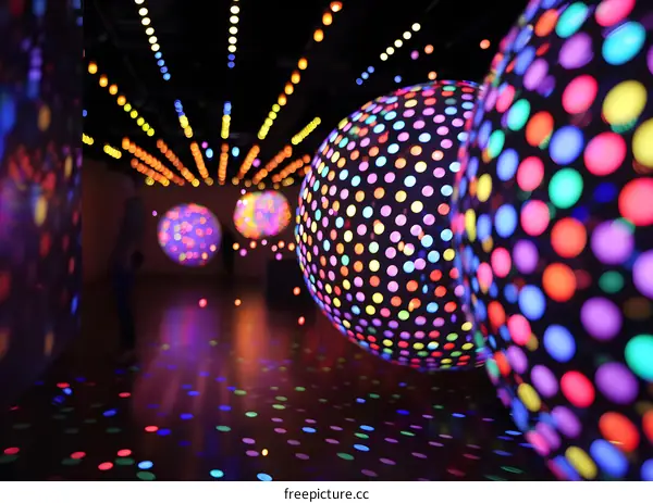 Colorful Disco Balls Hanging From Ceiling In Dark Room
