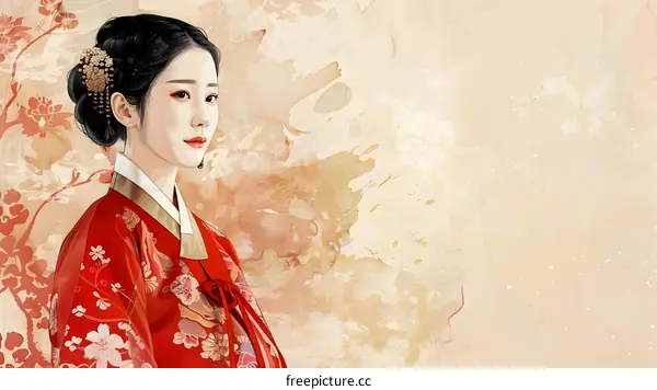 Portrait of a Korean woman in traditional red dress