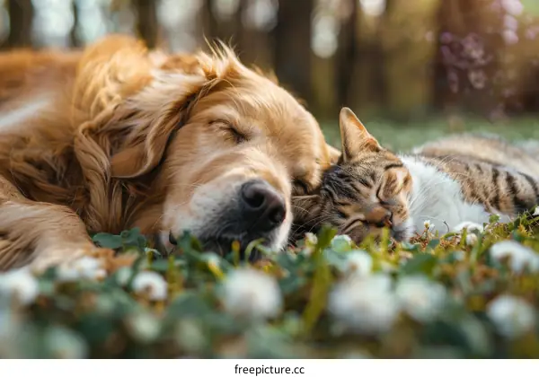 A Golden Retriever and a tabby cat sleeping together in the grass