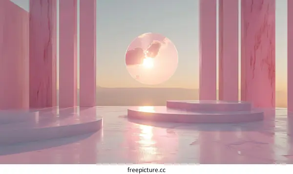 3D Pink Marble Podium with Clouds and Sunset Backdrop