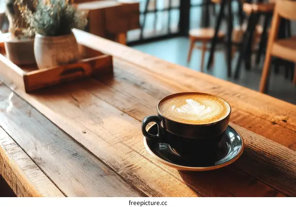 Wooden Table with Latte Art Coffee Cup