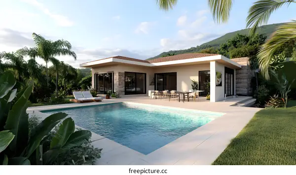 Modern House with Swimming Pool and Tropical Landscaping