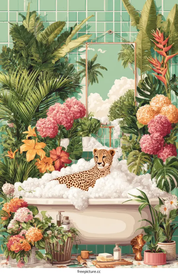 Tropical Cheetah in a Bathtub Illustration