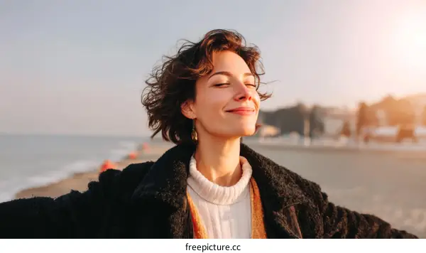 Woman enjoying the sea breeze on a winter day