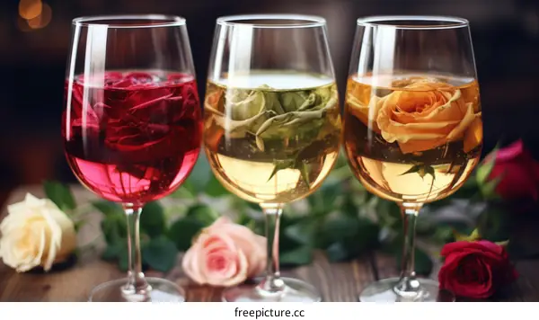 Three Glasses of Wine with Roses Inside Them on a Wooden Table
