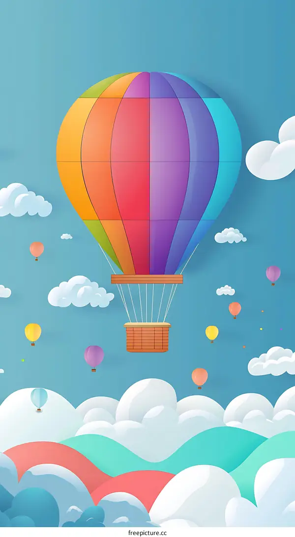 Colorful Hot Air Balloon Flying Above Clouds Illustration
