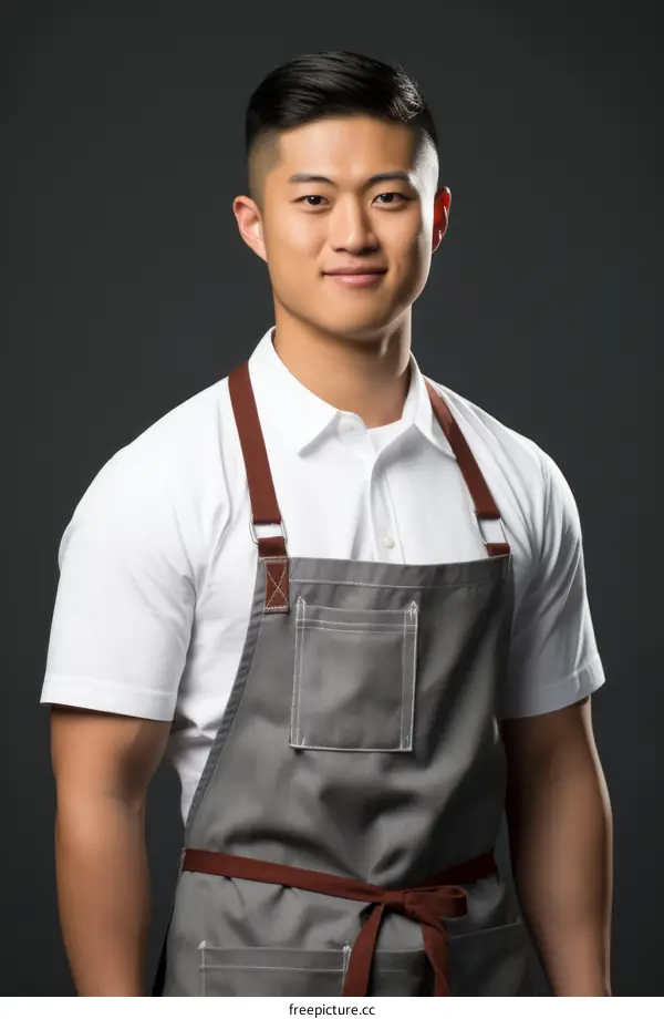 Portrait of a young Asian chef in a white shirt and gray apron smiling
