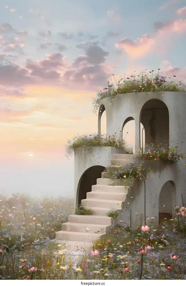 Stone Building With Stairs Surrounded By Flowers At Sunset