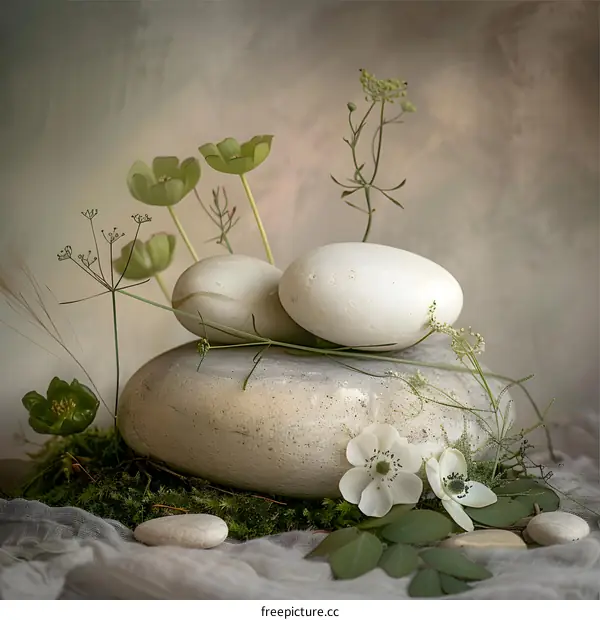 White Stones with Green Plants and Flowers Arrangement