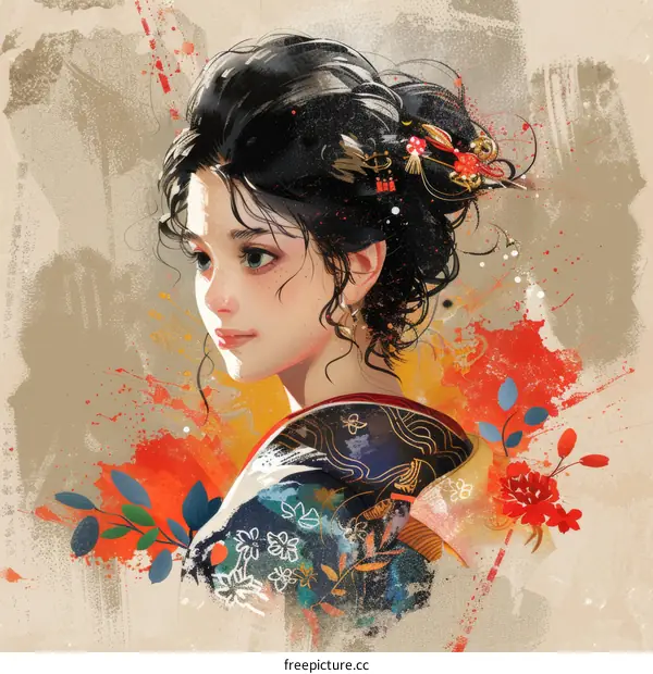 portrait of a beautiful asian woman in traditional japanese kimono with red and orange floral background