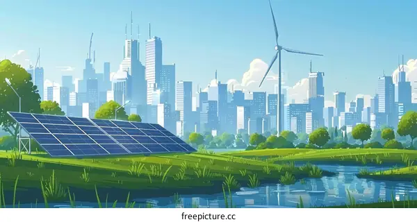 Solar Panels and Wind Turbines in a Cityscape Illustration