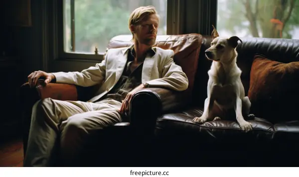 A man and his dog are sitting on a couch