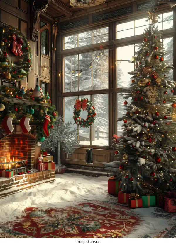 A Gorgeously Decorated Christmas Tree Beside the Fireplace