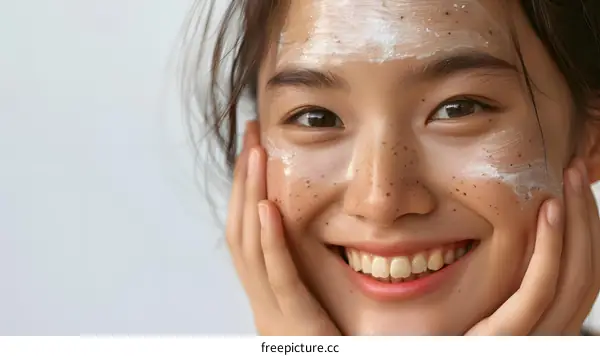 Smiling Woman with Freckles Applying Face Cream