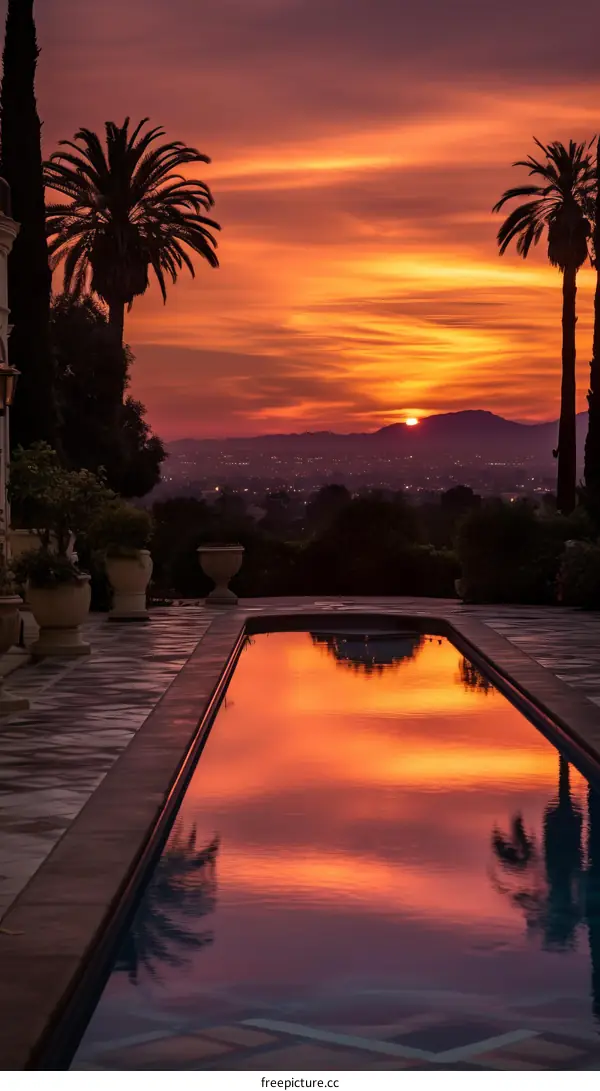 Palm trees by the pool at sunset