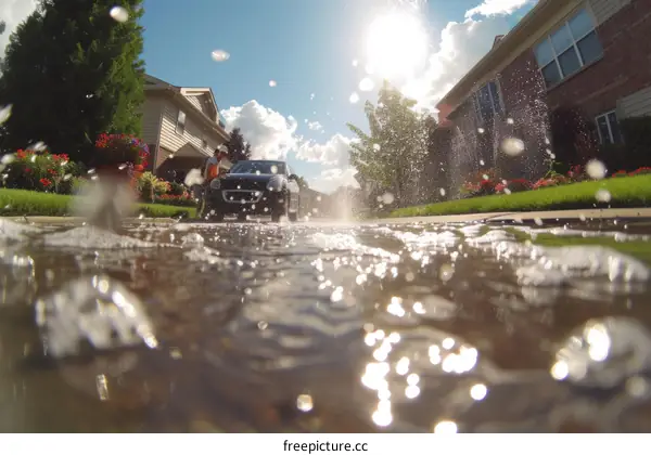 Car drives through a huge puddle and soaks the photographer