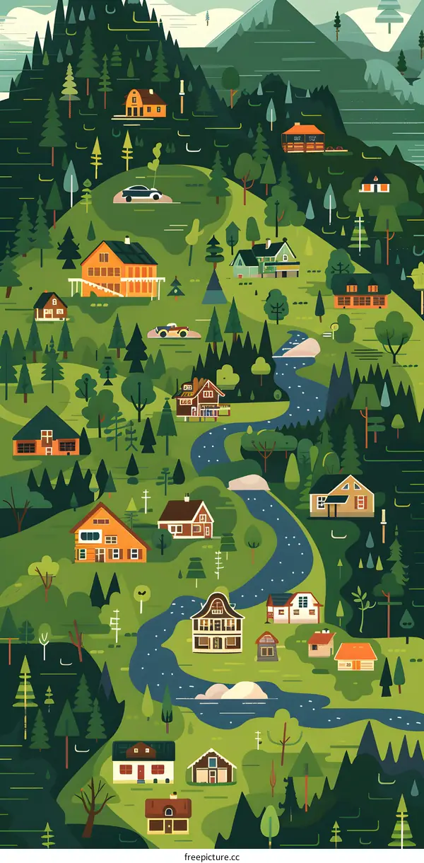 Illustrated Landscape of Green Forest, Houses and Winding River