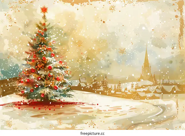 Christmas tree in a snowy village