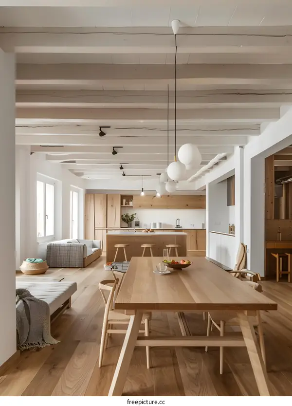 Modern Open Plan Kitchen and Dining Room with Wood Beam Ceiling