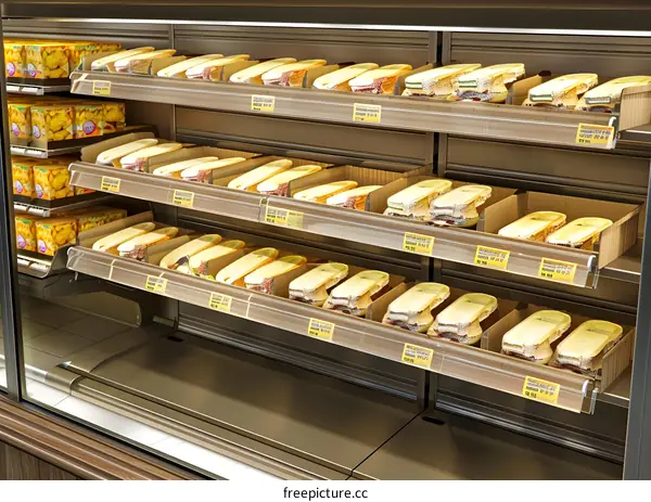 Closeup of a Shelf Filled with Prepared Cheese Sandwiches