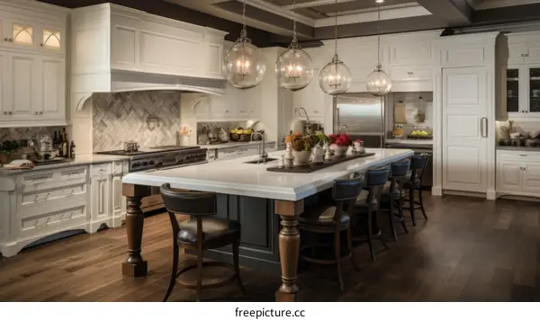 Luxury Kitchen With Large Island and Dark Wood Floors