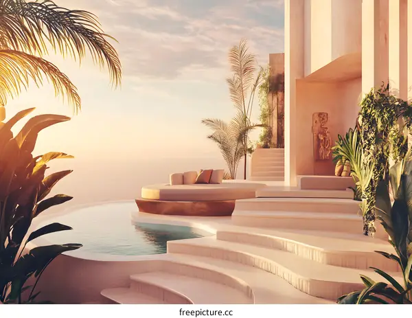 Minimalist Tropical Poolside Design With Sun Setting Over Ocean