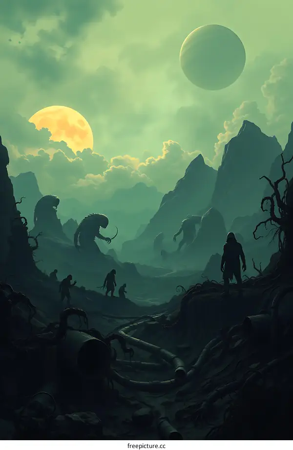 Silhouettes of People and Creatures in a Fantasy Landscape