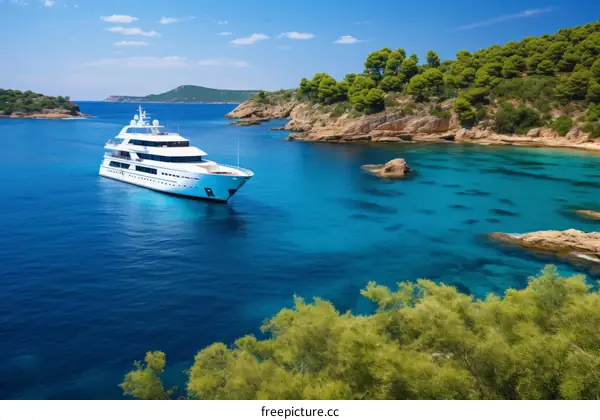 A luxury yacht anchored in a beautiful bay with crystal clear water