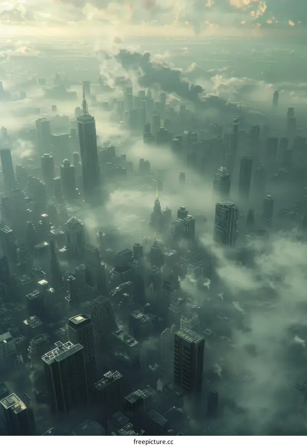 Aerial View of a Foggy Metropolis