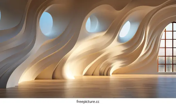 Futuristic empty room with smooth curved walls and large windows