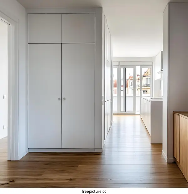White Cabinet Doors and Hardwood Floor in Modern Kitchen Interior Design