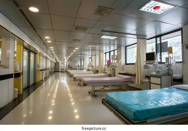 Hospital Ward Interior with Empty Beds