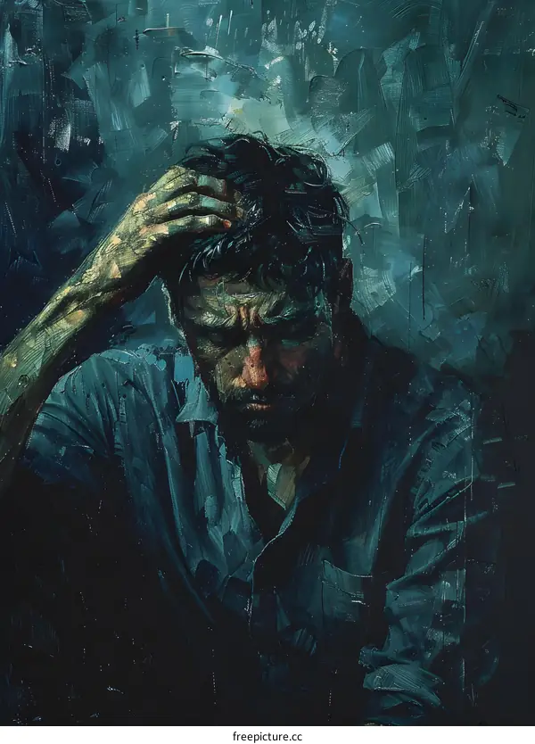 Portrait of a man with dark hair and beard wearing a dark shirt and holding his head in his hands